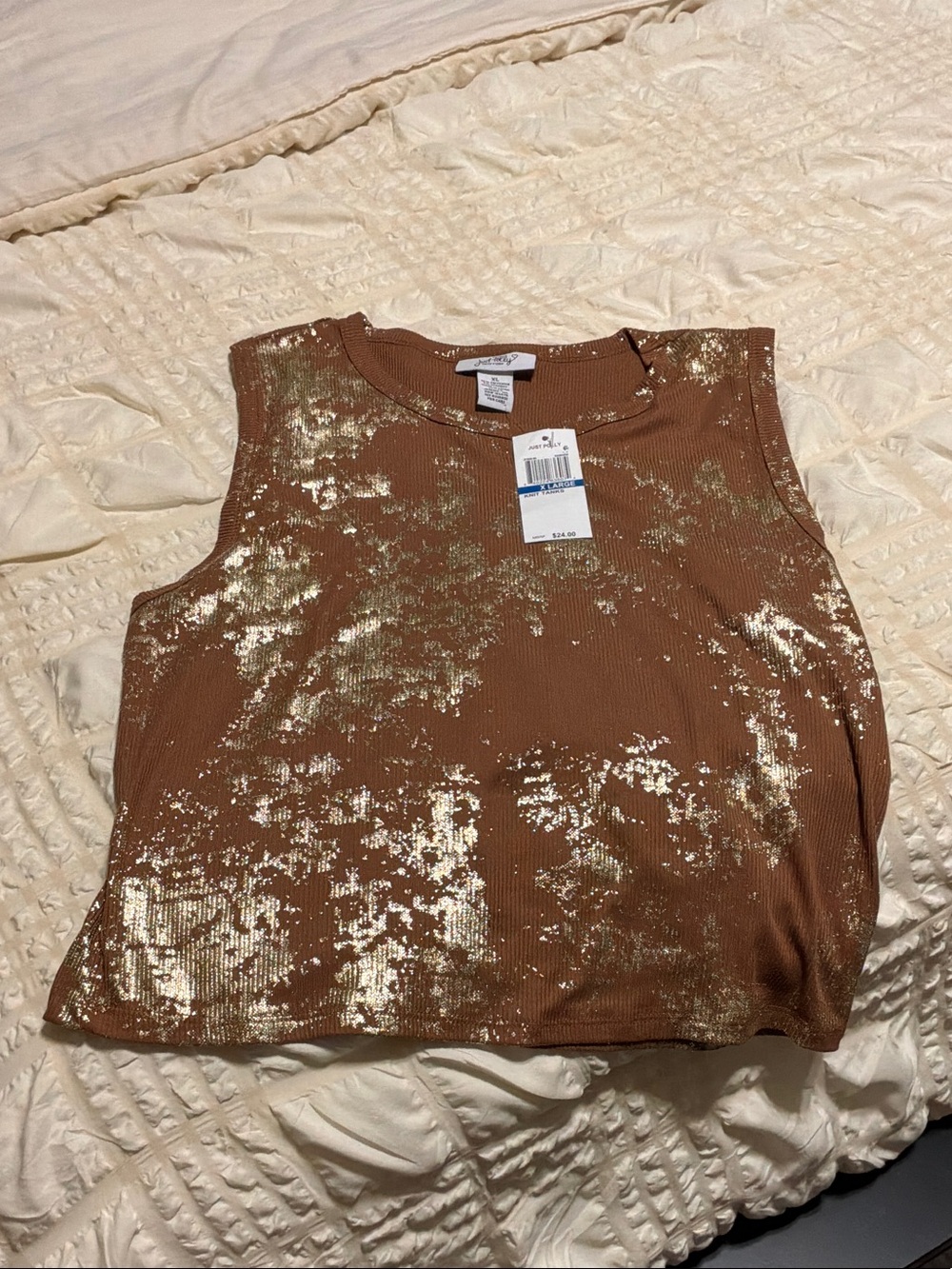 Brown Ribbed Tank Top with Gold Foil Accent - Women